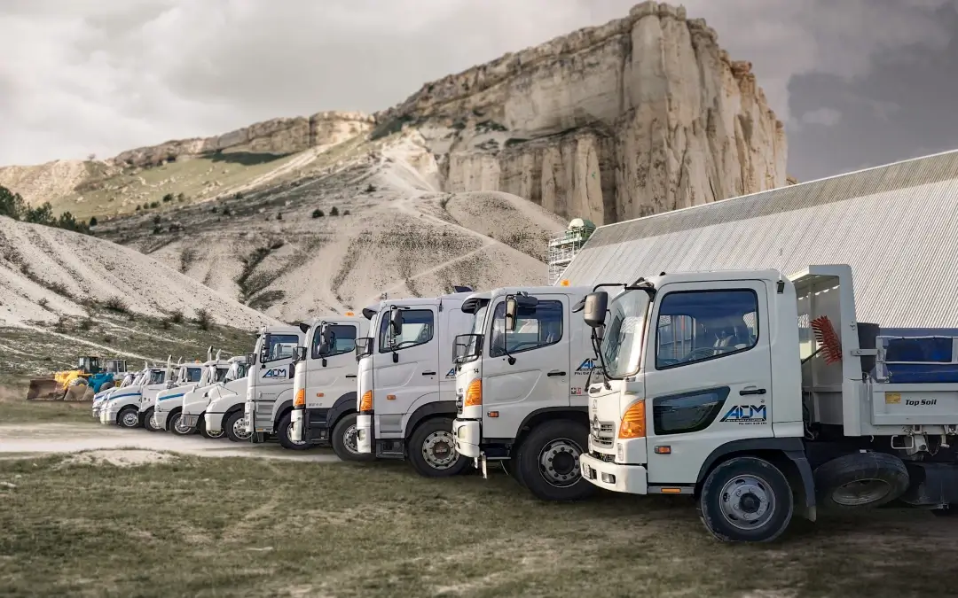 ACM trucks lined up at the quarry